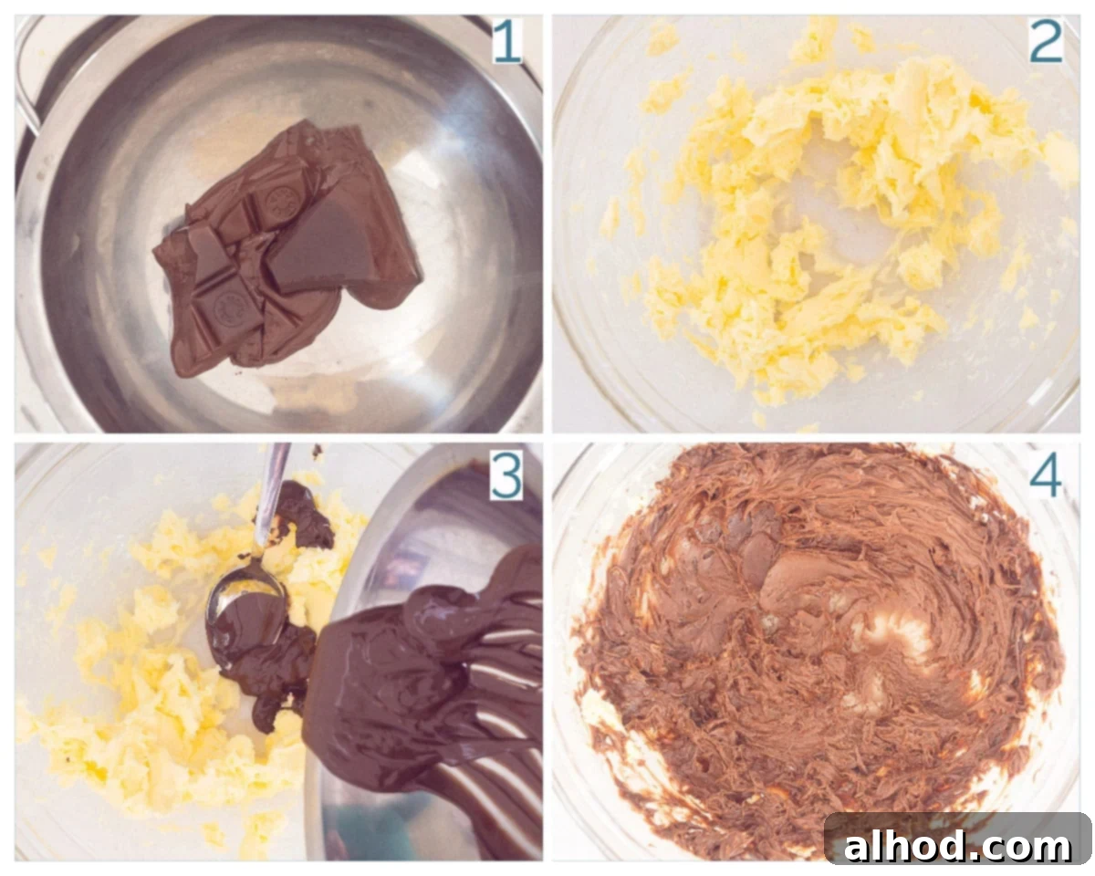 Decadent Chocolate Butter Spread 4 A four-panel collage photo showcasing the preparation steps of homemade chocolate butter, from melting chocolate to mixing butter.