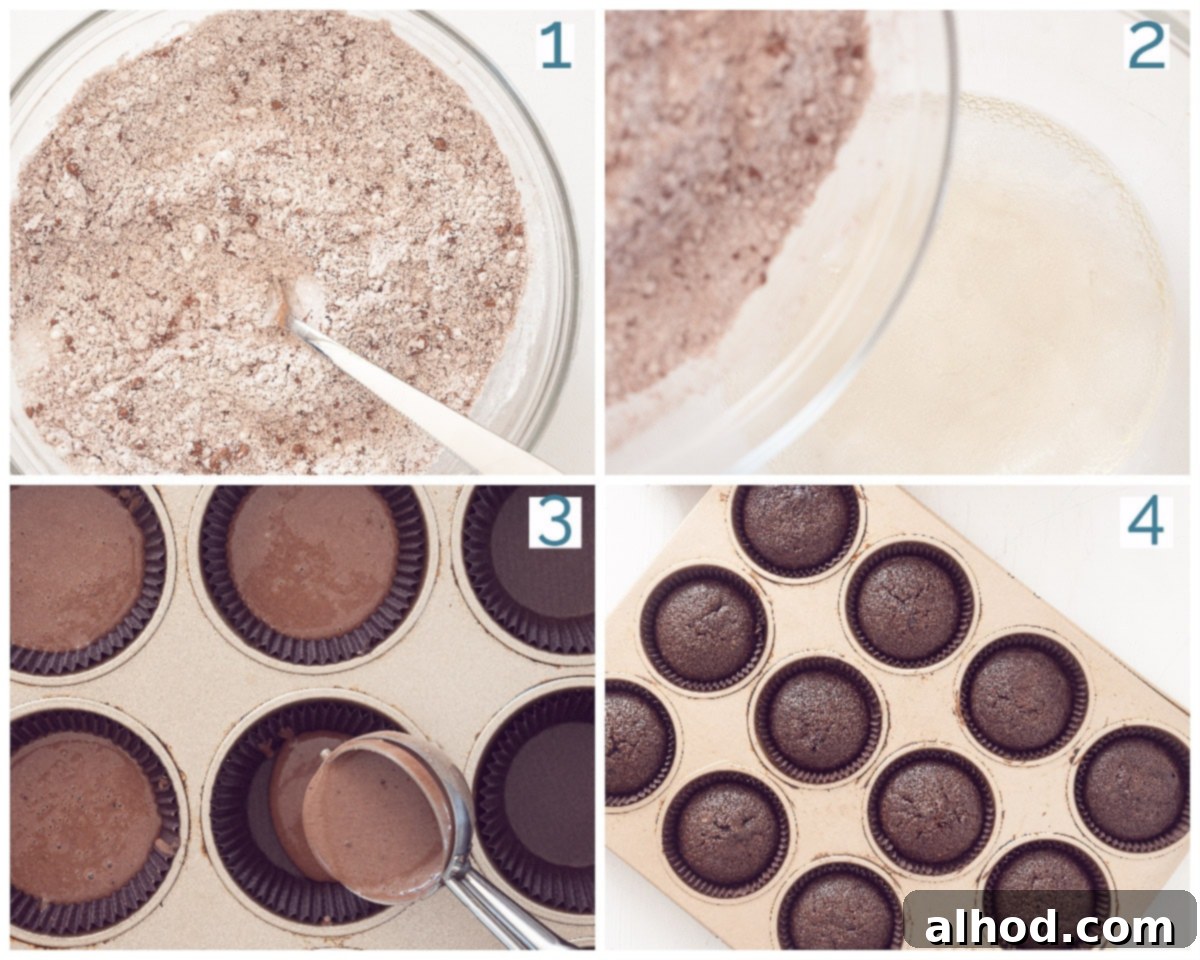 A step-by-step 4-panel collage visually detailing the preparation of dairy-free chocolate cupcakes, from combining ingredients to the final baked and cooled product, illustrating the simplicity of the process.