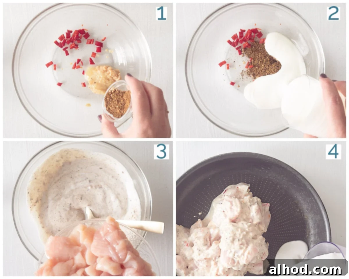 Velvety Coconut Yogurt Korma 4 A four-panel collage showing the step-by-step preparation of homemade Chicken Korma. Images depict ingredients being mixed for the marinade, chicken marinating, chicken browning in a pan, and finally, the curry simmering to perfection.