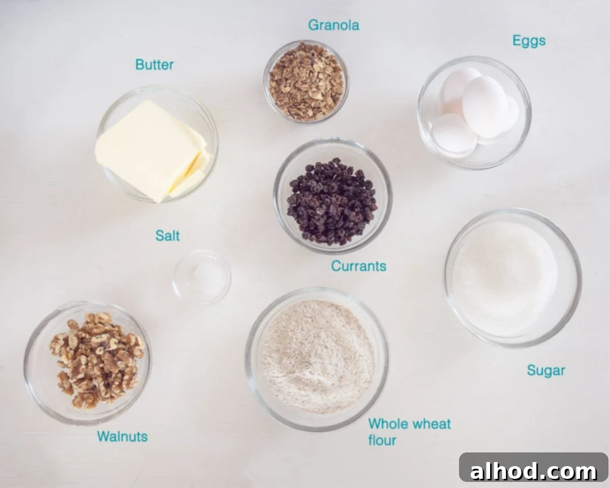 Granola Cake Delight 3 Ingredients for Granola Cake Recipe, individually labelled on a white background