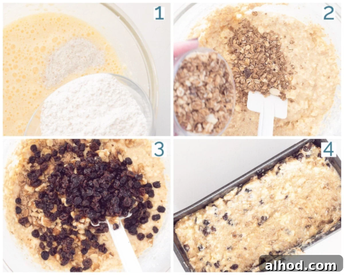 Granola Cake Delight 4 Collage of 4 photos showing the preparation of Muesli cake with currants and walnuts