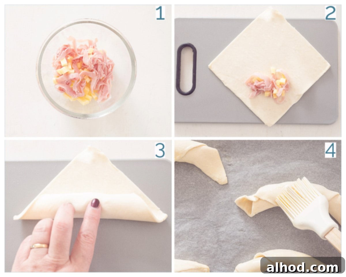 Flaky Ham and Cheese Puff Pastry Croissants 4 4 collage photo preparation Ham and Cheese Puff Pastry Croissants, showing the simple steps involved.