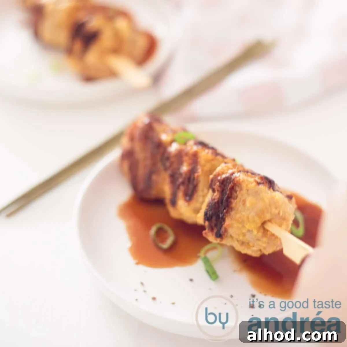 Tsukune Juicy Japanese Chicken Meatball Skewers with Teriyaki Sauce 4 A square photo with two signs on it. A tsukune skewer is placed on top with some sauce. A hand picks up a stick.