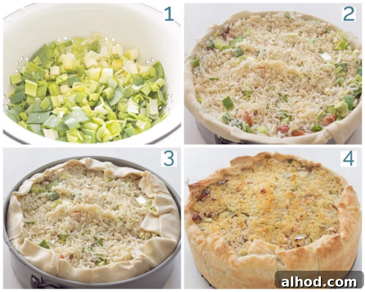 Golden Chicken Leek Rice Quiche 3 4 step collage Chicken Quiche with Leek and Rice
