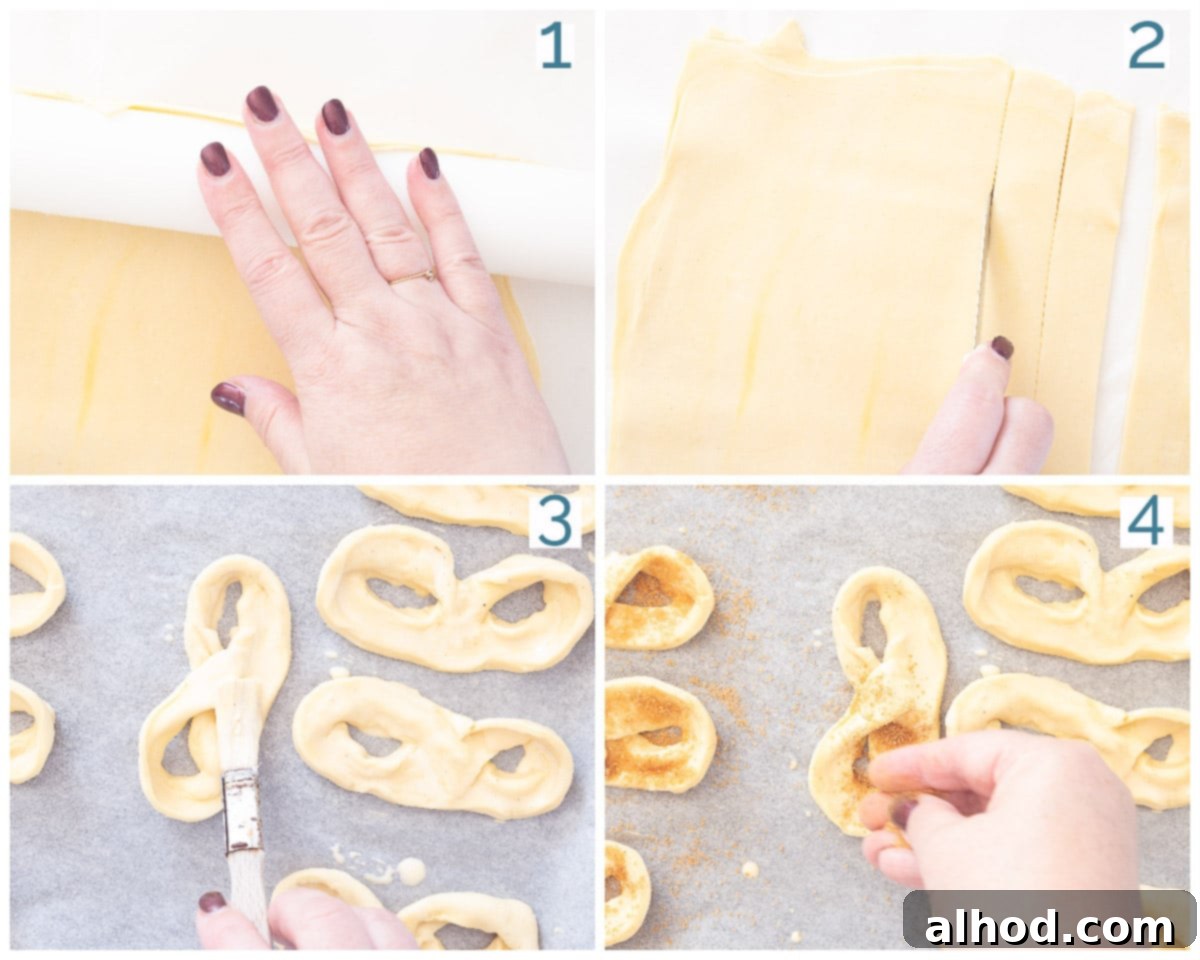 Krakelingen Sweet Dutch Pretzel Delights 4 A four-photo collage showing the step-by-step preparation of homemade Krakelingen, or sweet pretzel cookies, illustrating the rolling, cutting, shaping, and baking process.