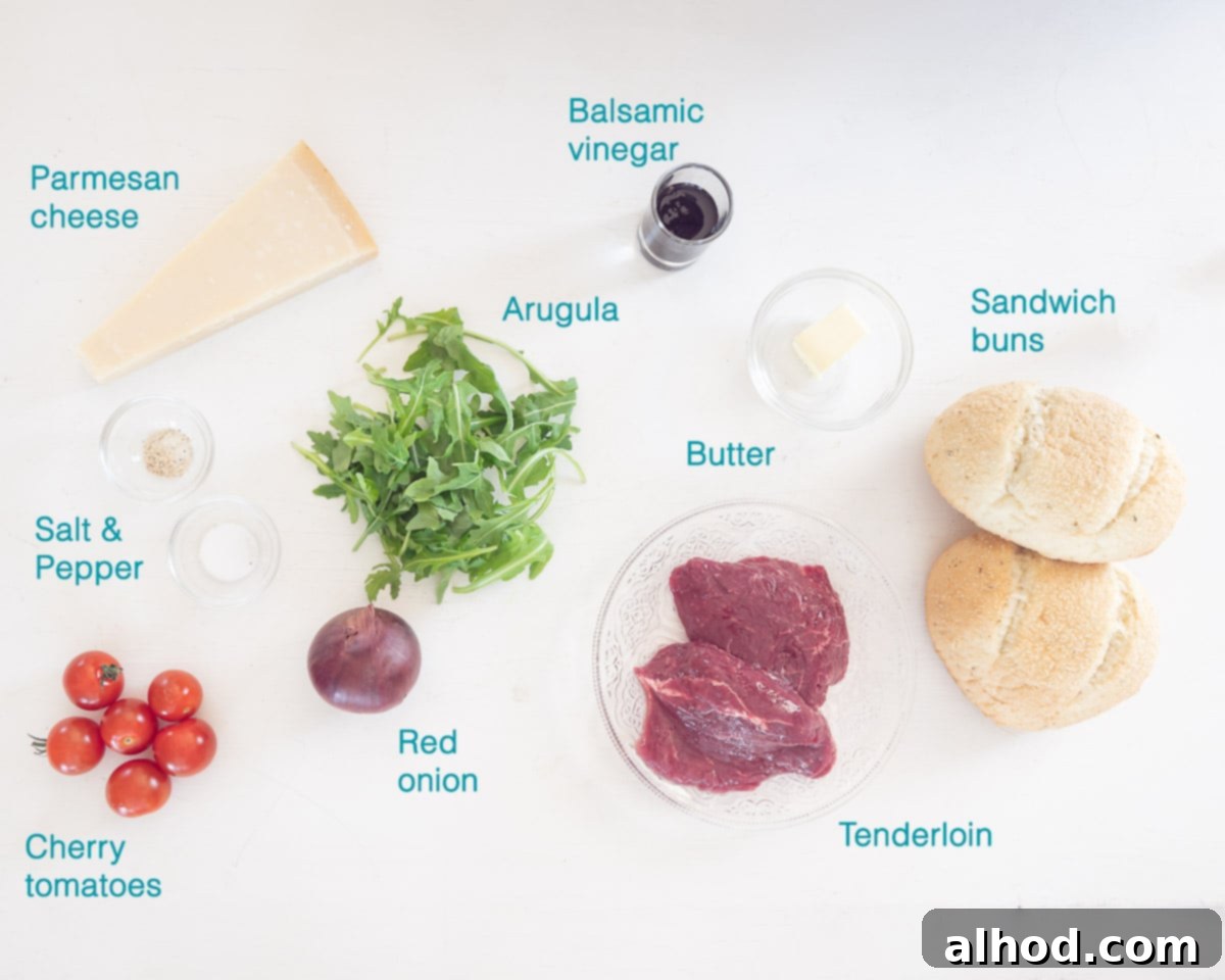 Steak Sandwich Perfection 3 Ingredients The Best Steak Sandwich, individually labelled on a white background.