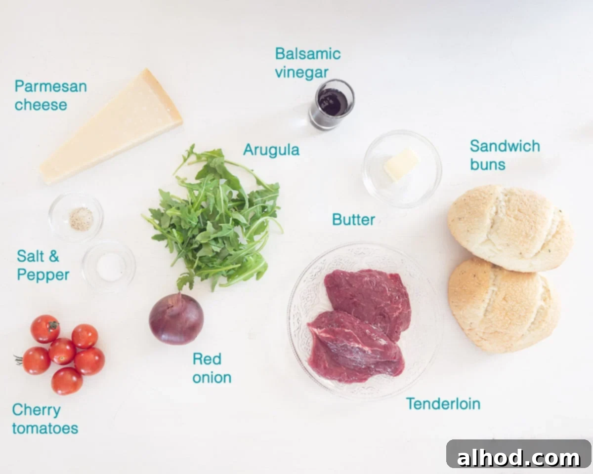 Sizzling Steak Sensation 3 Ingredients The Best Steak Sandwich, individually labelled on a white background.