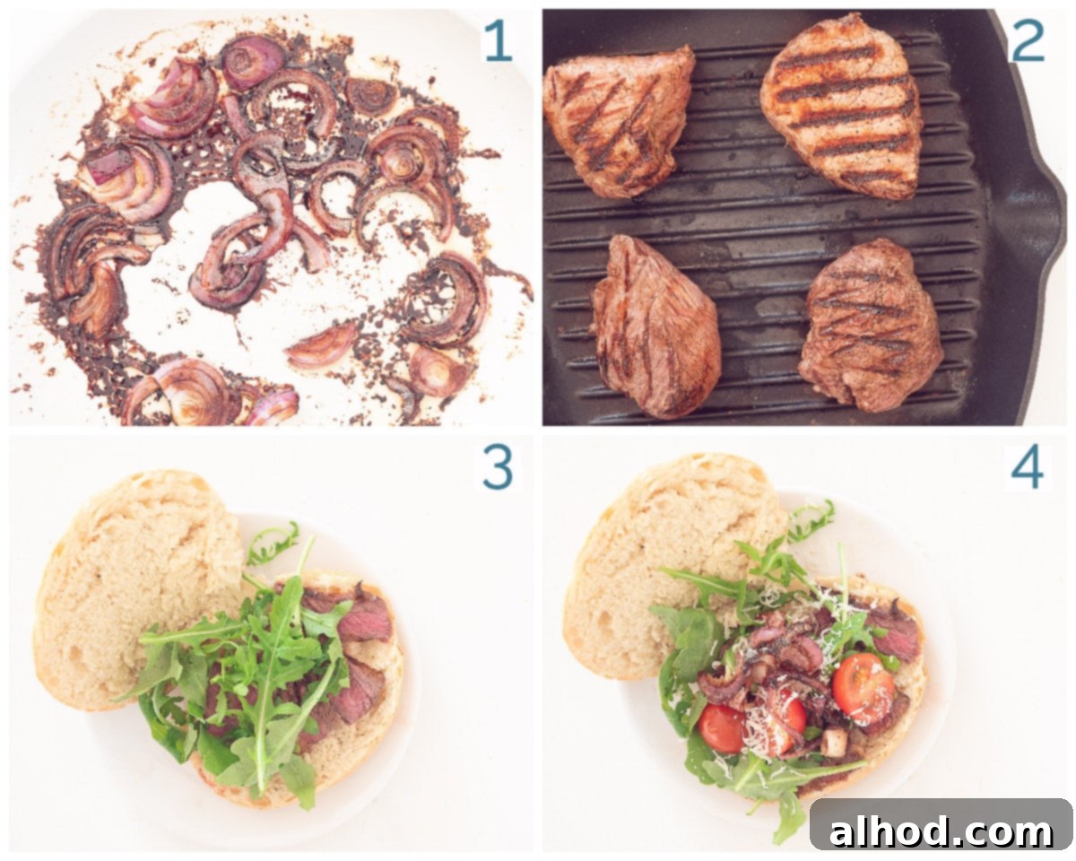 Steak Sandwich Perfection 4 4 steps collage preparation Steak sandwich