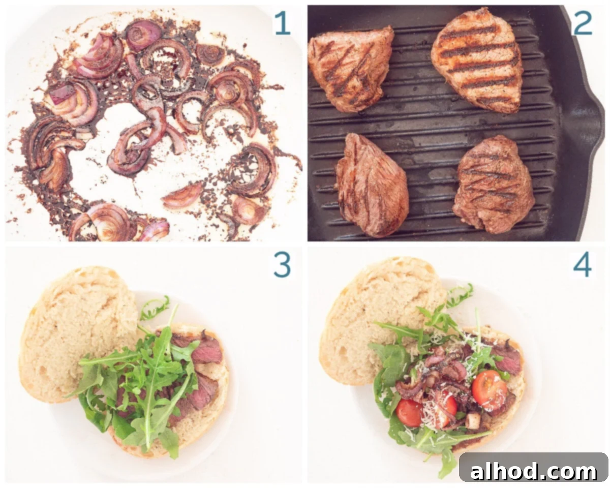 Sizzling Steak Sensation 4 4 steps collage preparation Steak sandwich