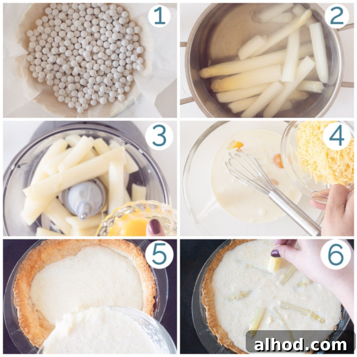 Vegetarian White Asparagus Quiche 4 Preparation photos for Vegetarian White Asparagus Quiche with Puff Pastry, showing 6 steps.