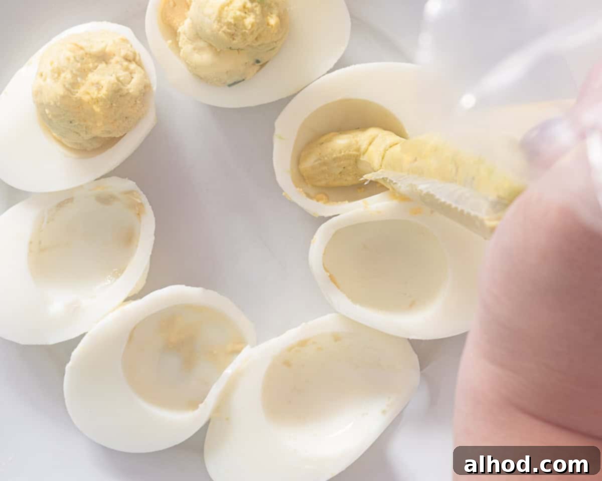 Velvet Avocado Deviled Eggs 6 A close-up view of empty hard-boiled egg whites arranged in a circular pattern on a plate, with the creamy avocado and egg yolk mixture being expertly piped into their centers using a piping bag.