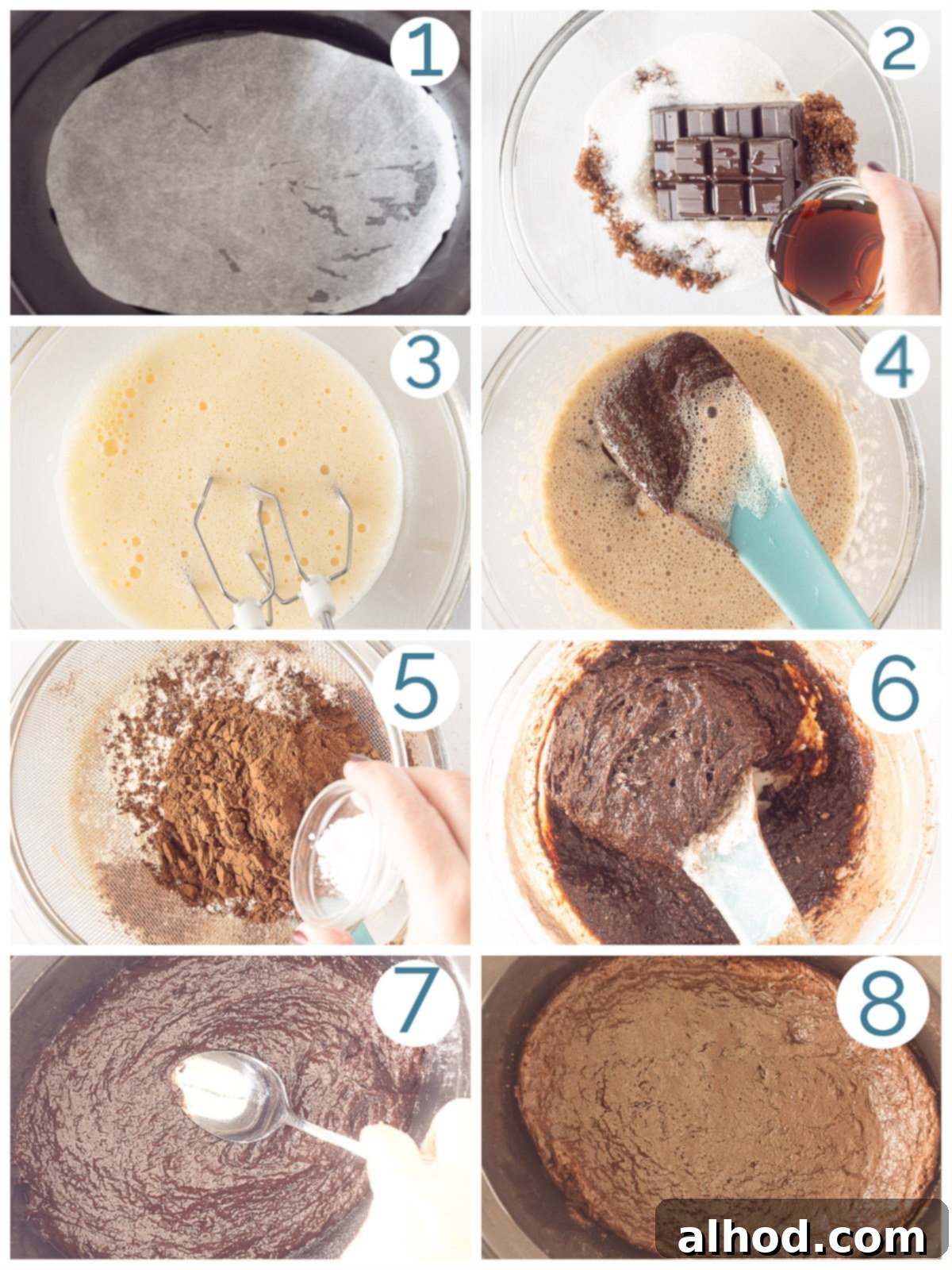 Slow Cooker Brown Sugar Brownies 4 8 pictures illustrating the step-by-step preparation of brownies with brown sugar in the slow cooker