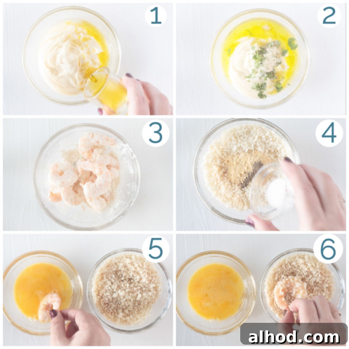 Crispy Garlic Shrimp Bites with Tangy Lemon Aioli 4 Six step-by-step photos showing the preparation process for lemon aioli sauce and breading the popcorn shrimp.