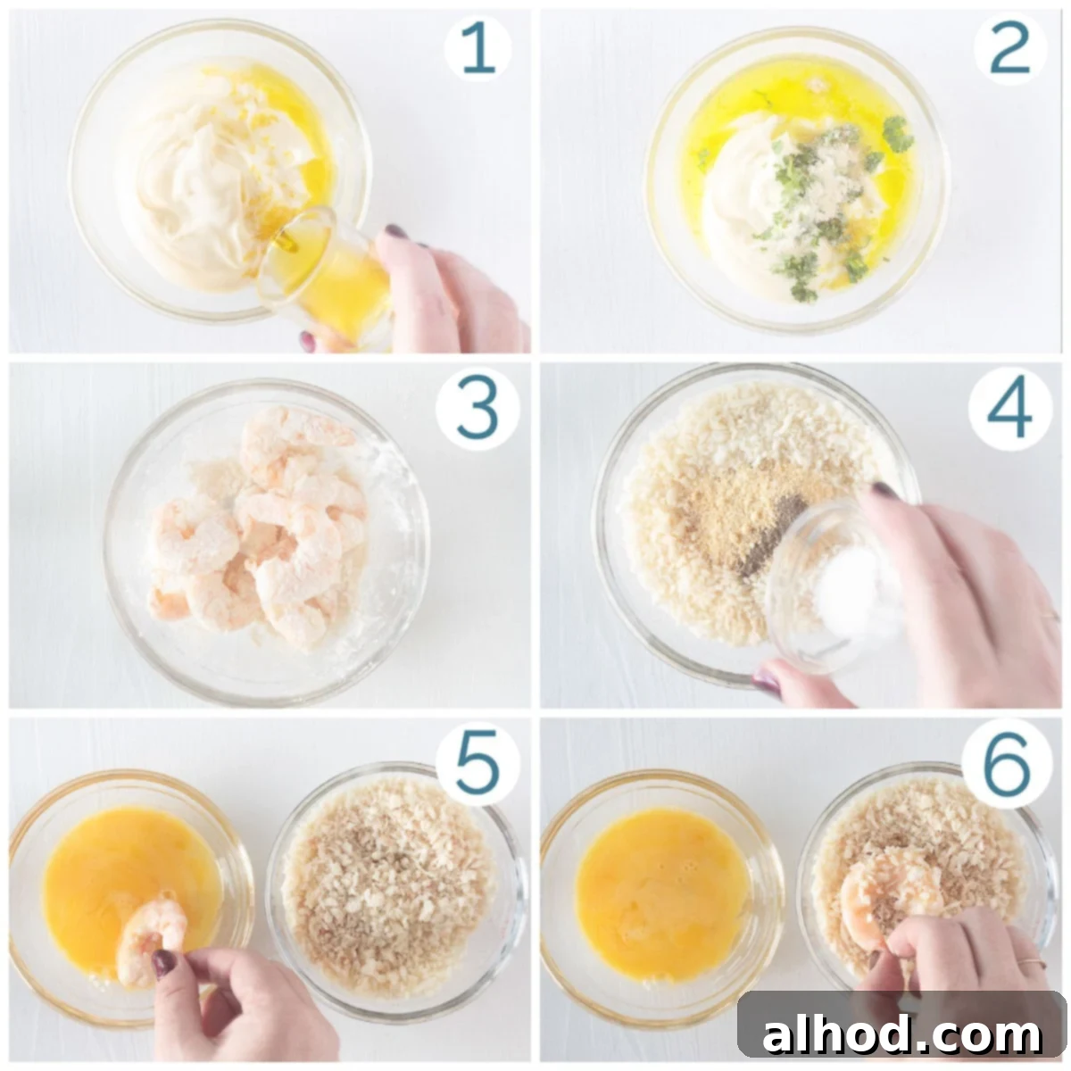 Crispy Air Fried Garlic Shrimp with Zesty Lemon Aioli 4 A six-panel photo collage illustrating the step-by-step process of preparing lemon aioli sauce and coating popcorn shrimp for air frying.
