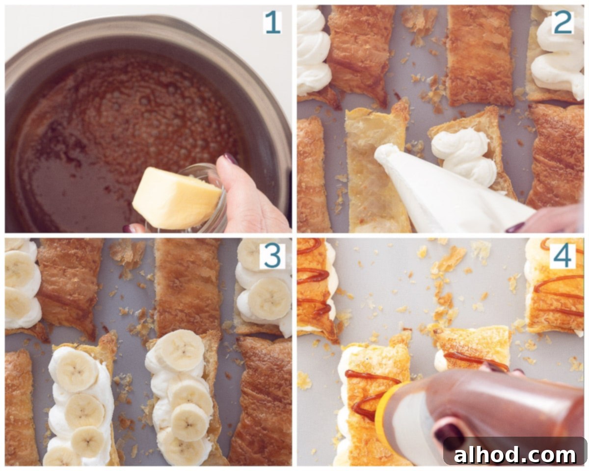 Caramelized Banana Mille-Feuille 4 A four-photo collage showing the preparation stages of Banana Napoleons with Caramel: caramel making, puff pastry baking, assembly, and final drizzle.