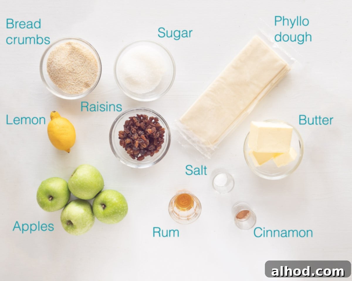 German Apple Strudel 3 A collage of ingredients for German Apple Strudel, including apples, raisins, cinnamon, butter, and phyllo dough, laid out on a white background with descriptive text.