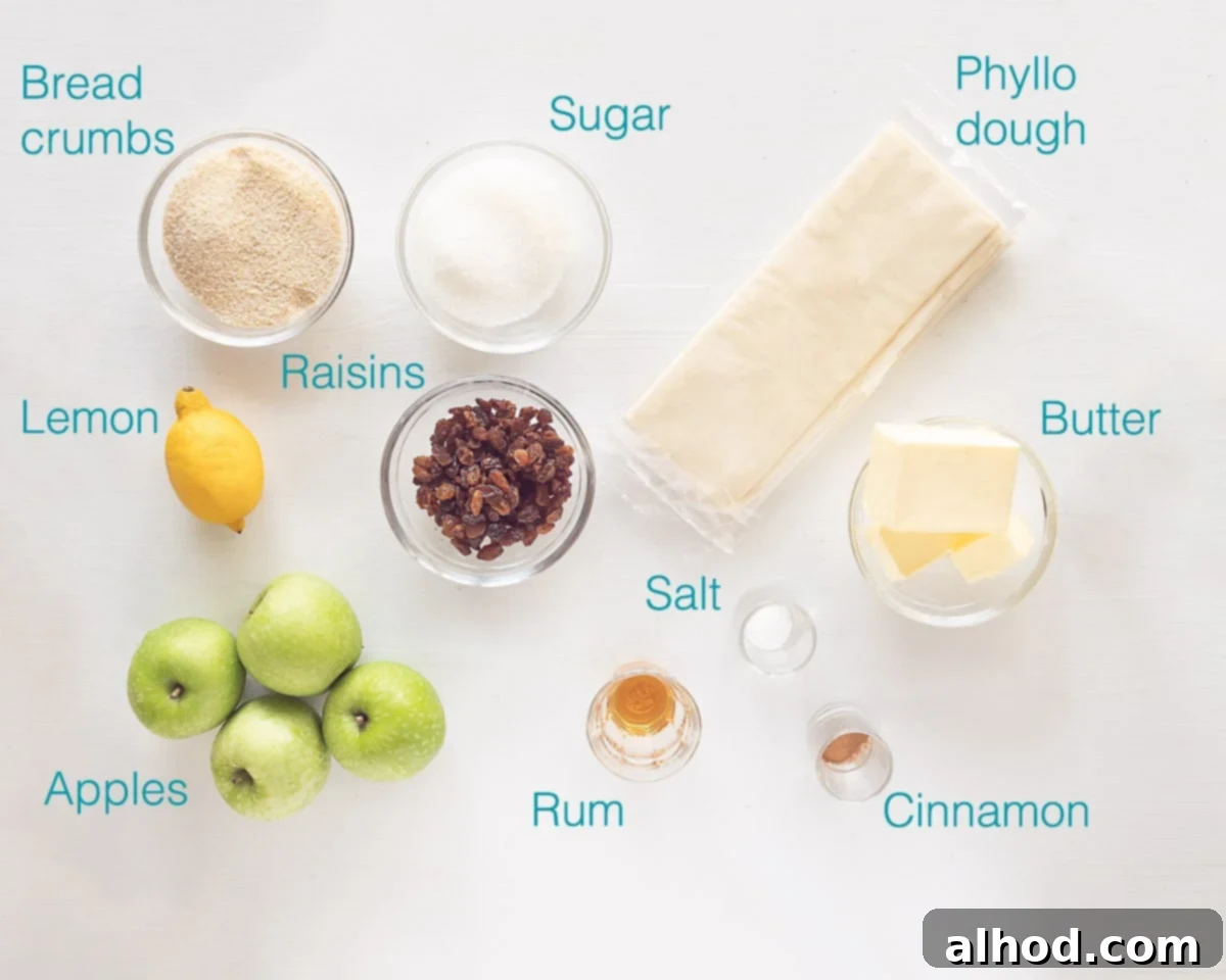 Authentic German Apple Strudel 3 A flat lay of ingredients for German Apple Strudel (Apfelstrudel) including apples, raisins, cinnamon, sugar, butter, and phyllo dough, arranged on a white background with descriptive text.
