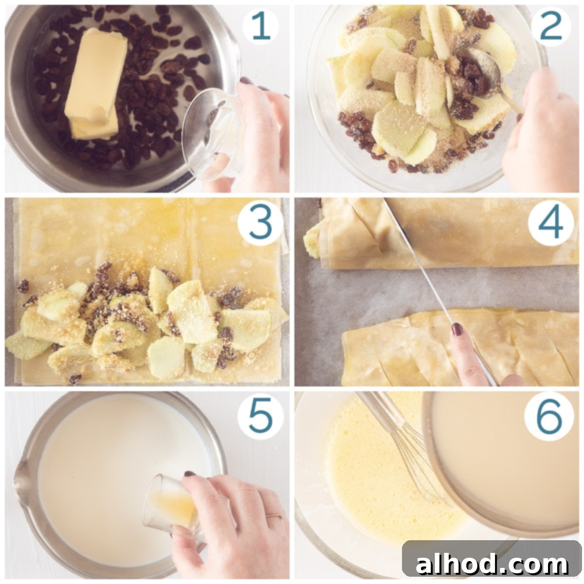 German Apple Strudel 5 A six-panel photo collage illustrating the preparation steps for Apple Strudel with Phyllo Dough, from mixing the filling to rolling the strudel.