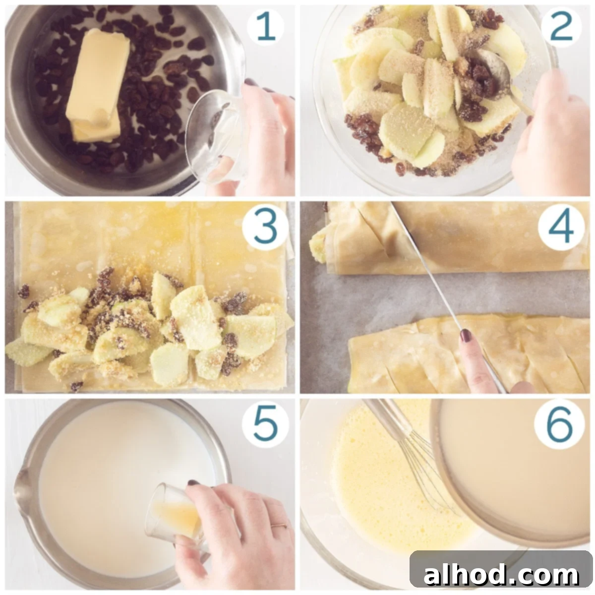 Authentic German Apple Strudel 5 A six-photo collage showcasing the preparation steps for Apple Strudel with Phyllo Dough, from mixing the filling to rolling the dough and baking.