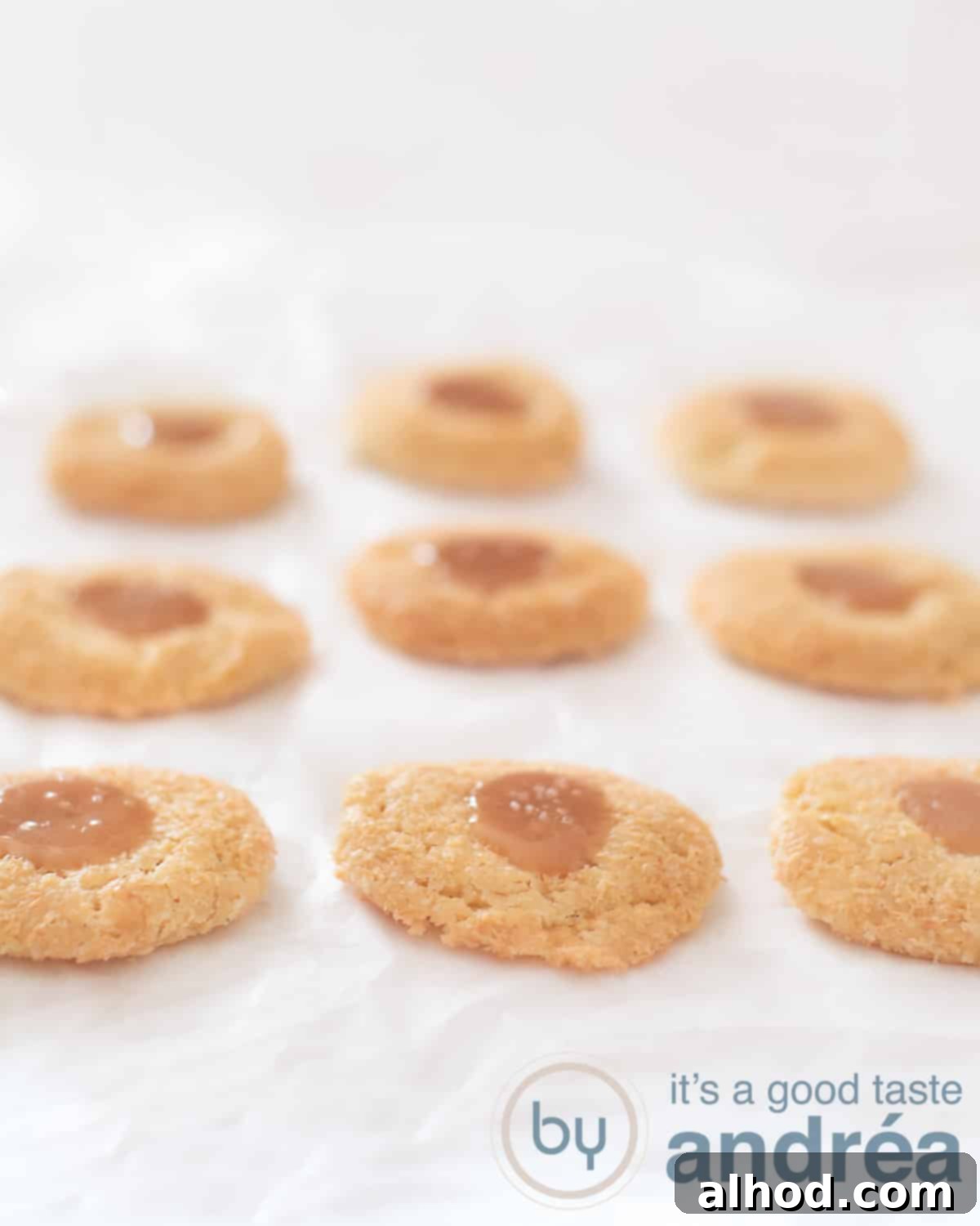 Caramel Coconut Delights 2 An elevation photo with 9 crunchy coconut cookies filled with caramel in a square. The cookies are filled with caramel. A white background.