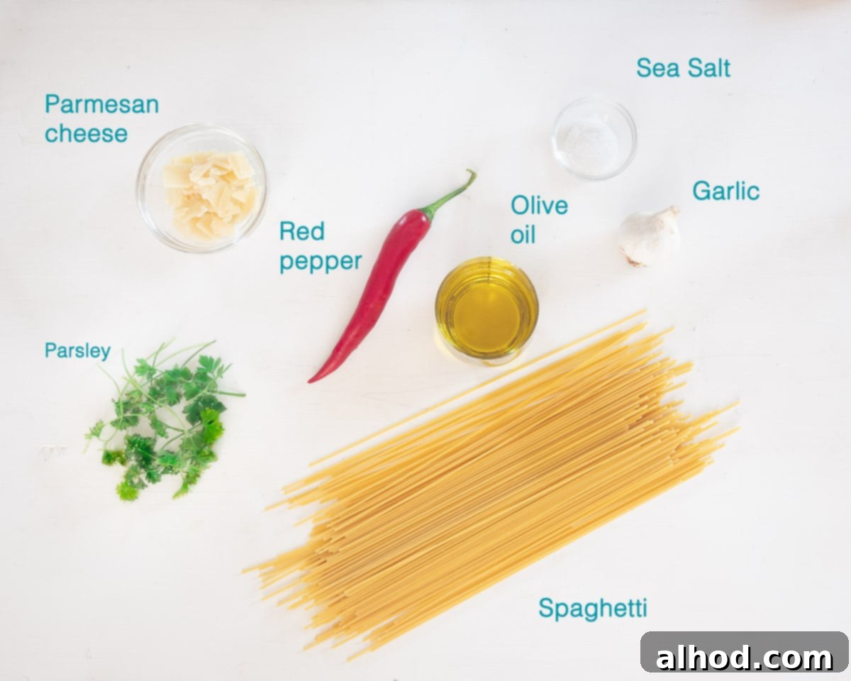 Hot Chili Garlic Pasta 3 A detailed image showing the key ingredients for Spaghetti Aglio, Olio e Peperoncino, individually labeled and beautifully arranged on a white background: spaghetti, olive oil, garlic, red chili pepper, salt, and parsley.