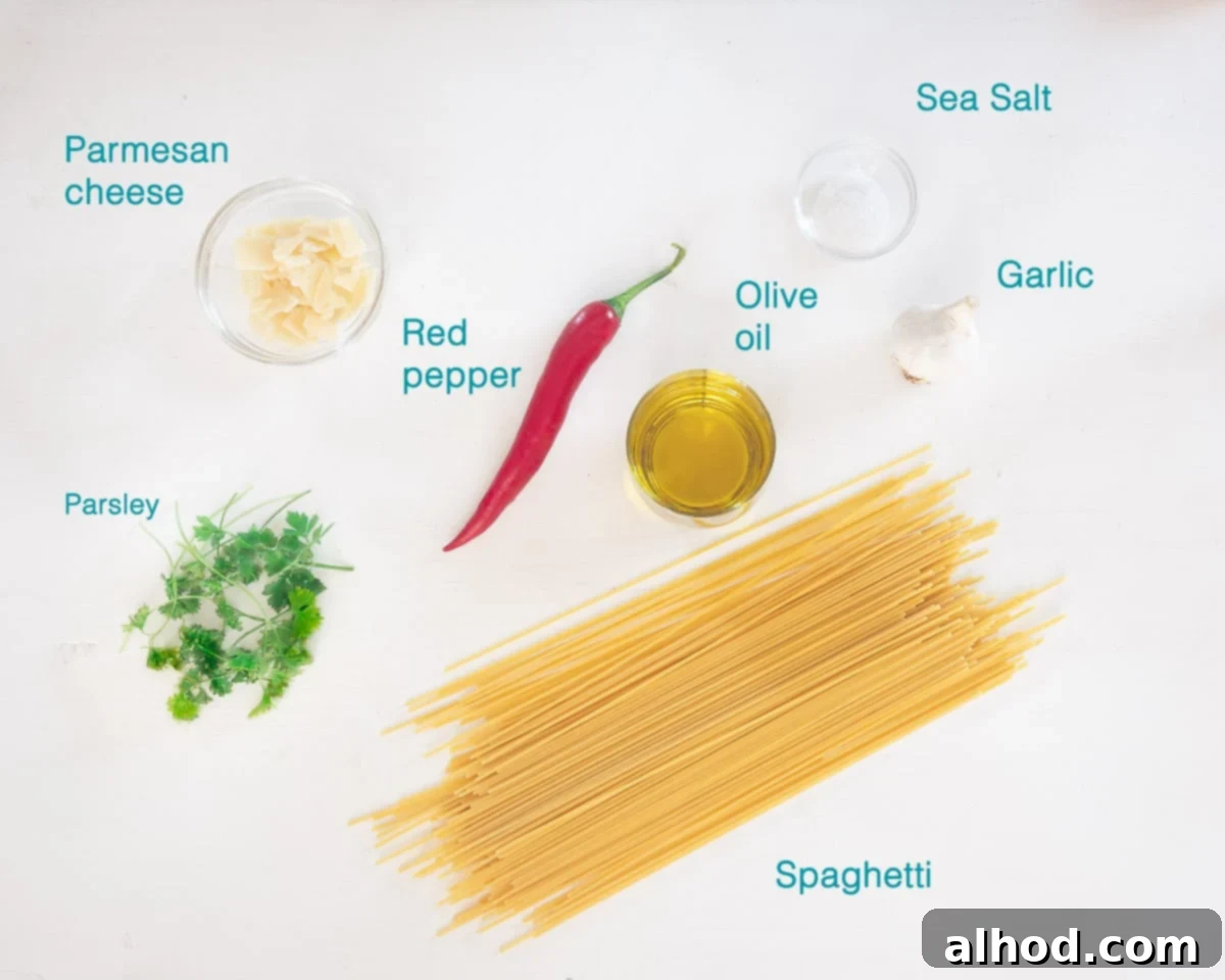 Rustic Chili Garlic Pasta 3 Ingredients Spaghetti Aglio, Olio e Peperoncino, individually labelled on a white background