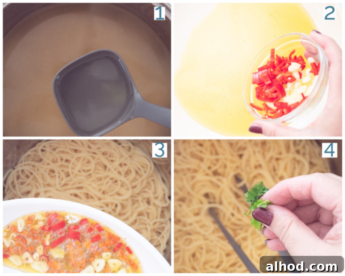 Hot Chili Garlic Pasta 4 A four-photo collage illustrating the step-by-step preparation of spaghetti aglio, olio e peperoncino, showing the cooking process from raw ingredients to combined dish.