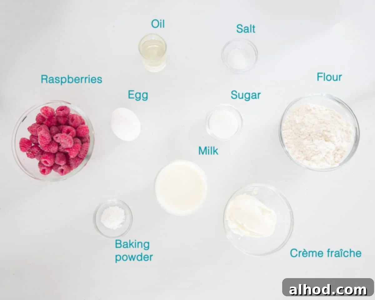 Decadent Raspberry Crème Fraîche Pancakes 3 Individual ingredients for making Pancakes with Crème Fraîche and Raspberries, neatly labeled and arranged on a clean white background. This visual guide makes it easy to identify everything you'll need before you start cooking.