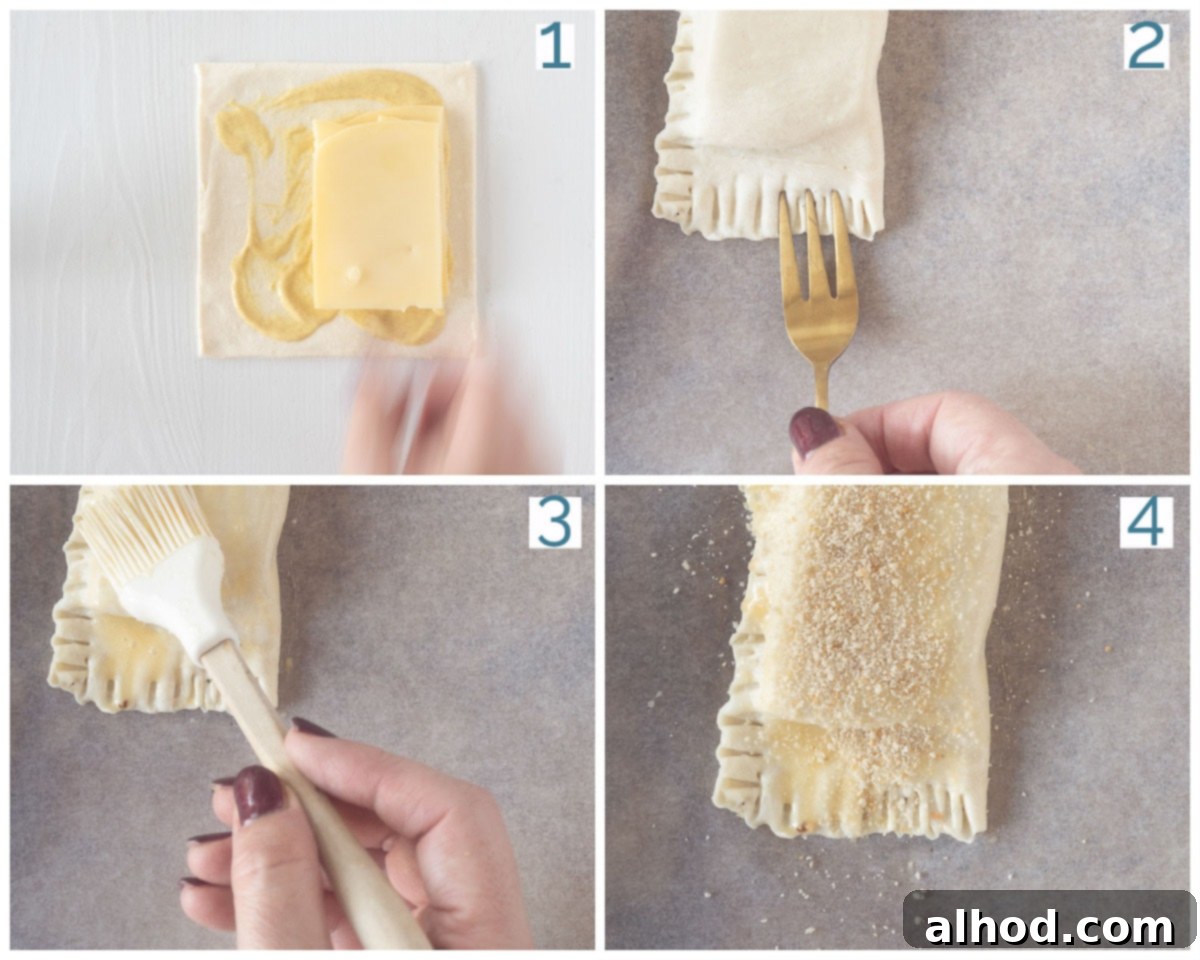 Air Fryer Kaassoufflé Crispy Cheese Puffs 4 A four-panel image showing the step-by-step process of assembling a cheese soufflé: laying puff pastry, adding mustard and cheese, folding and sealing, and brushing with egg wash and breadcrumbs.