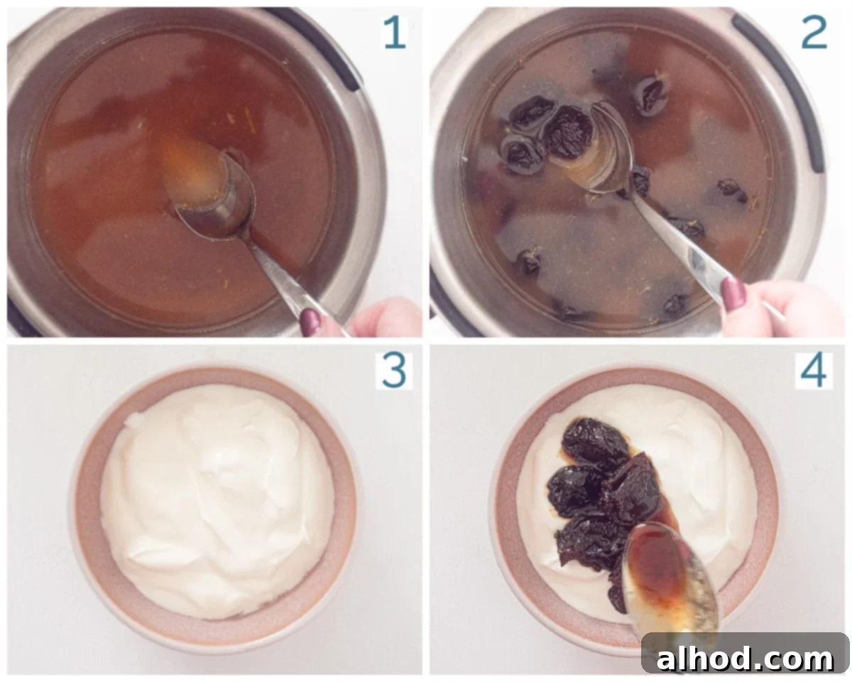 Collage of 4 photos showing the step-by-step preparation of Greek Yogurt with Plums, highlighting key ingredients and stages.