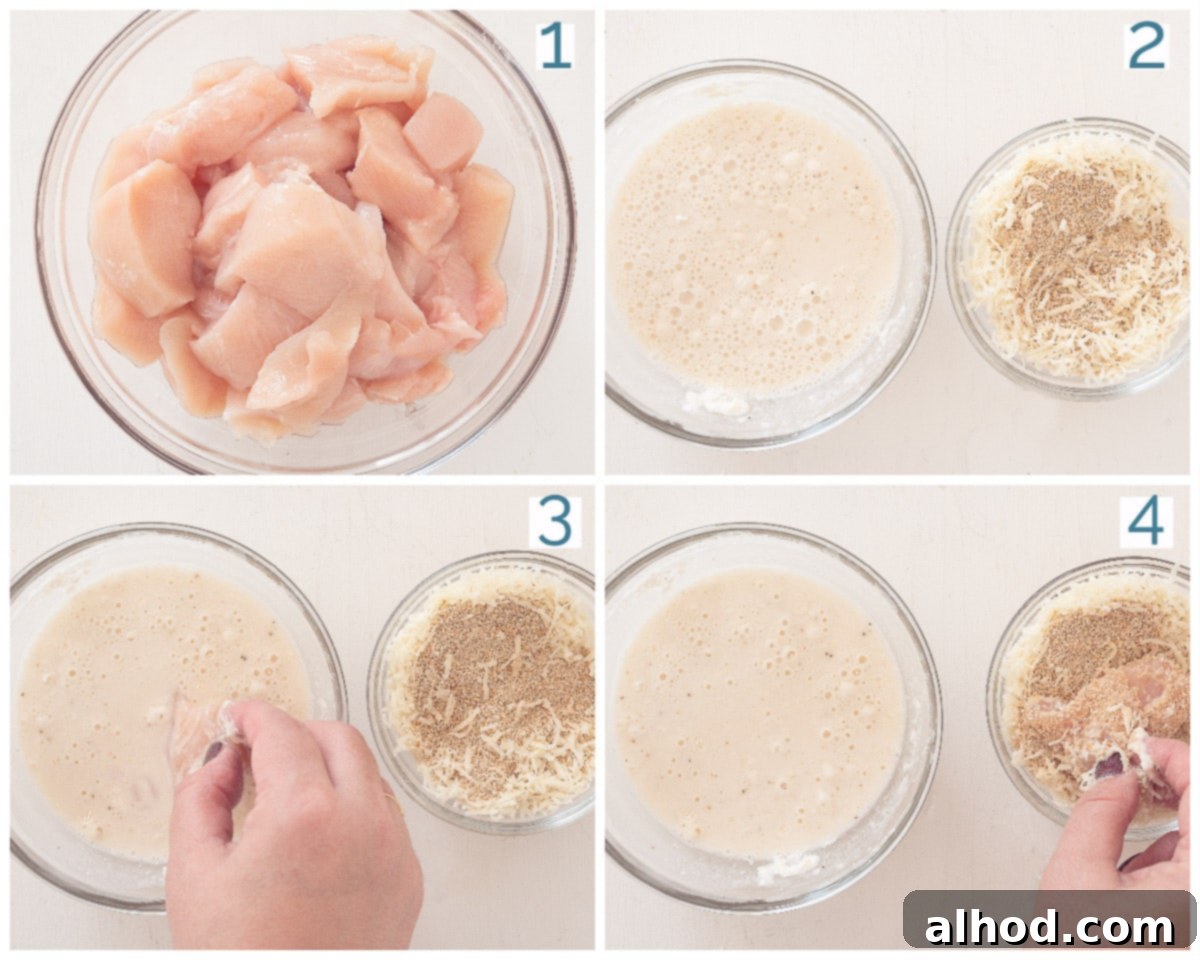 Parmesan Crusted Chicken Nuggets 4 A four-photo collage showing the step-by-step preparation of Parmesan Chicken Nuggets, from cutting chicken to breading and frying.