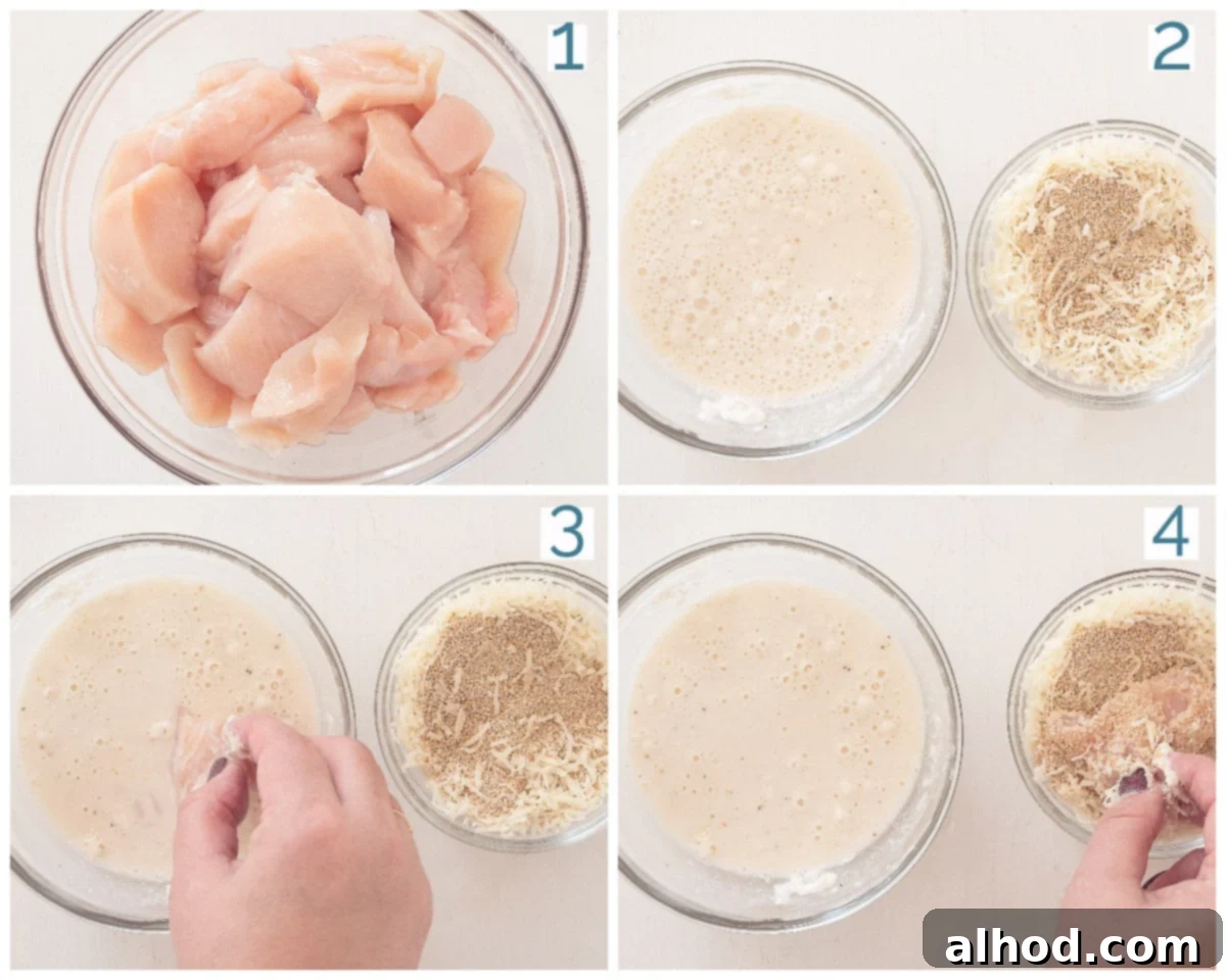 Crispy Parmesan Chicken Bites 4 A four-panel collage illustrating the step-by-step preparation of Parmesan chicken nuggets: cutting chicken, mixing batter, breading chicken, and frying in hot oil.