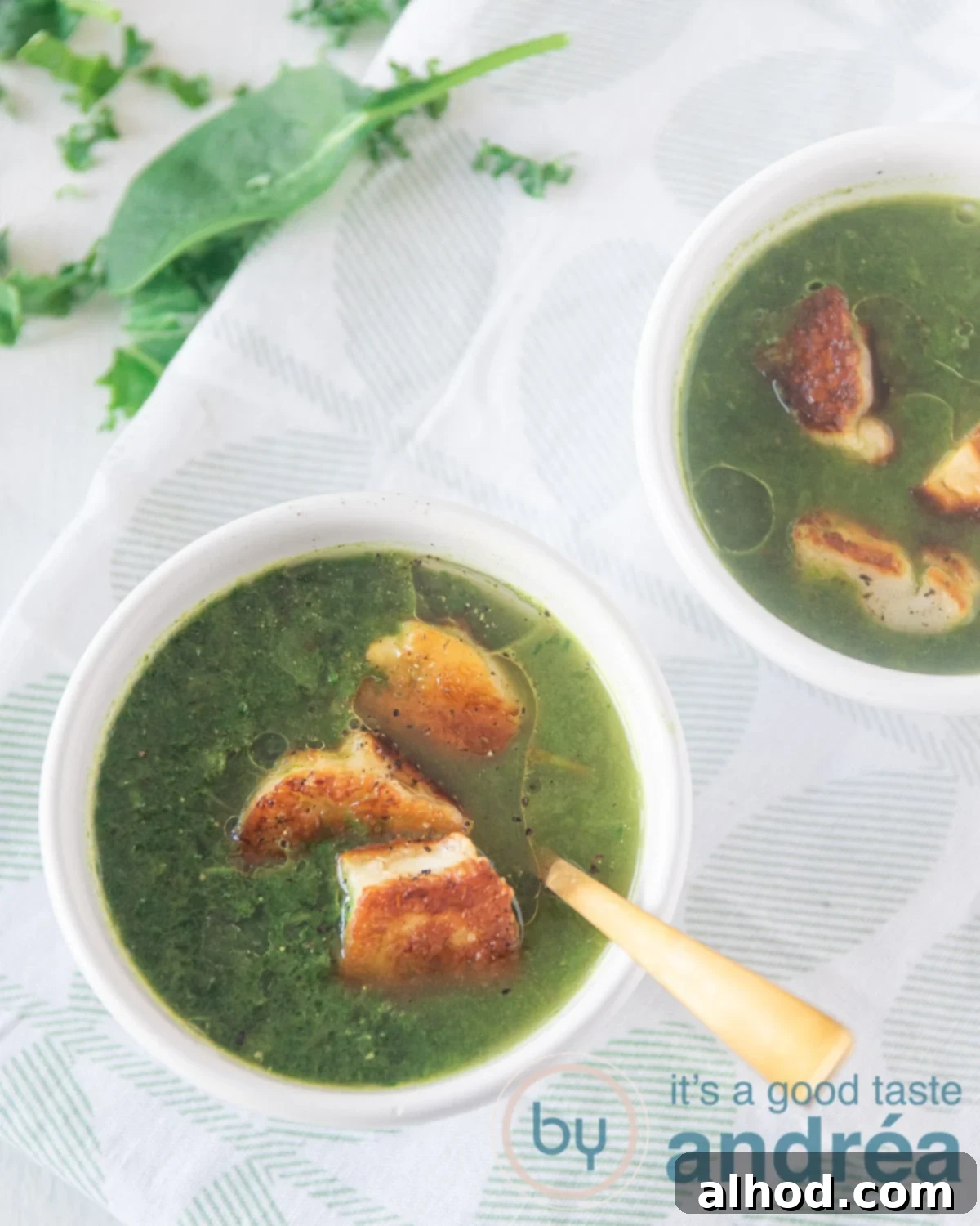 Nourishing Bok Choy Garden Soup 2 Top photo of two bowls with bok choy soup with fried Halloumi and some fresh greens