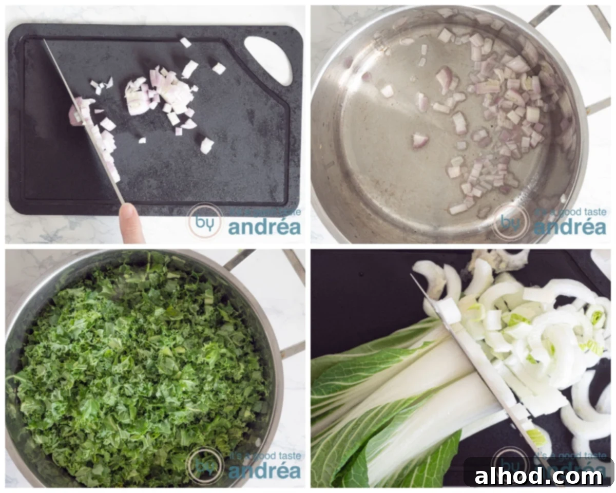 Nourishing Bok Choy Garden Soup 4 slice the shallot and fry, add the spinach, slice the bok choy