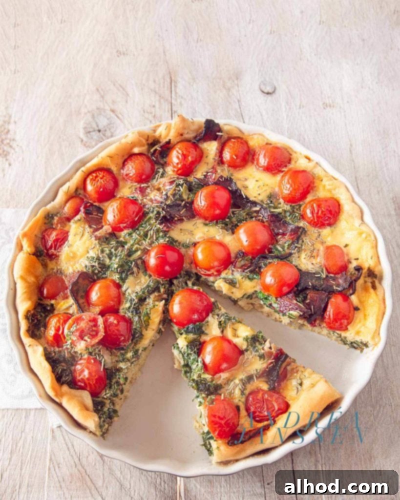 Rustic Kale, Tomato, and Bacon Quiche 2 Delicious homemade Kale, tomato and bacon quiche, perfect for any meal