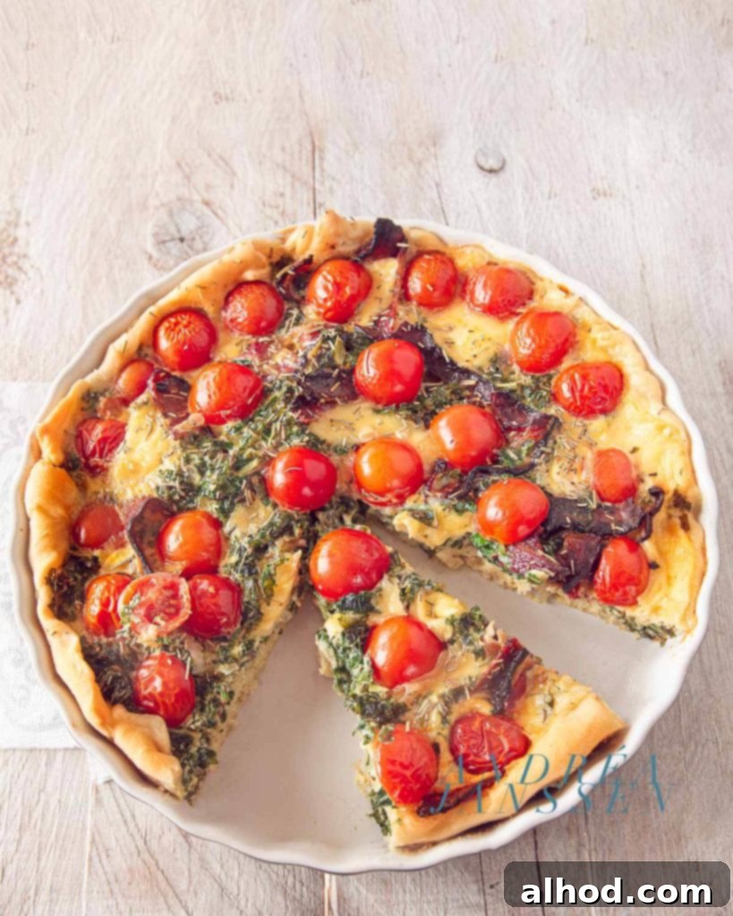 Farmhouse Kale Bacon Tomato Quiche 2 Hearty Kale, Tomato, and Bacon Quiche, freshly baked with a golden crust and vibrant filling
