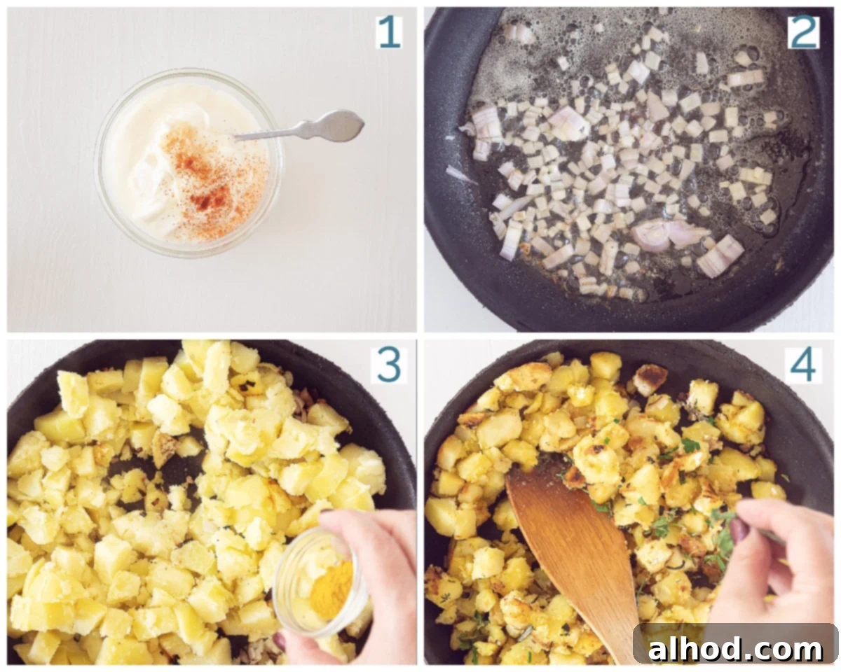 A four-step visual guide showing the process of making Fried Potatoes and Onions, or German Bratkartoffeln, from preparing ingredients to the final pan-fried dish.