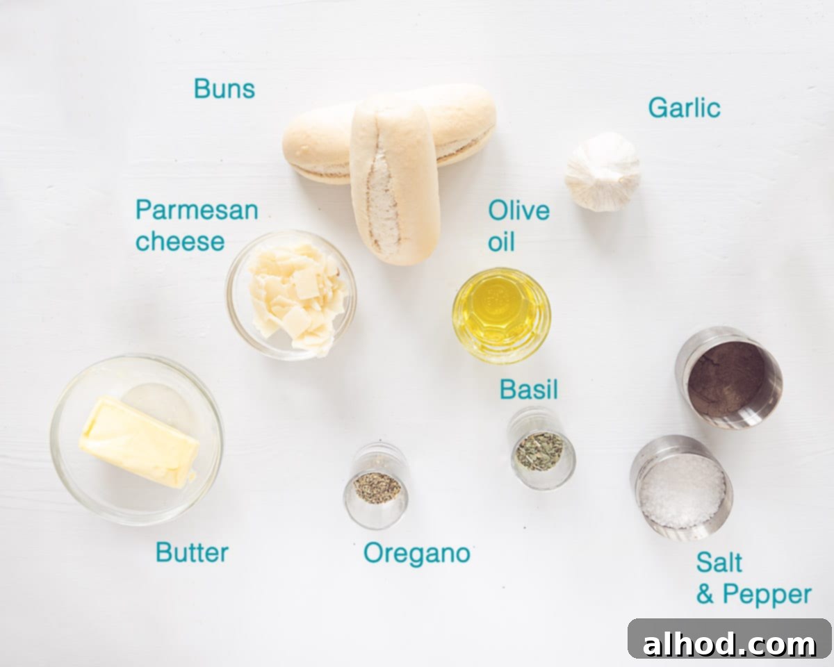 Ultimate Parmesan Garlic Bread 3 Ingredients Parmesan Garlic Bread, individually labelled on a white background, including buns, butter, olive oil, basil, oregano, garlic, Parmesan cheese, salt, and pepper.