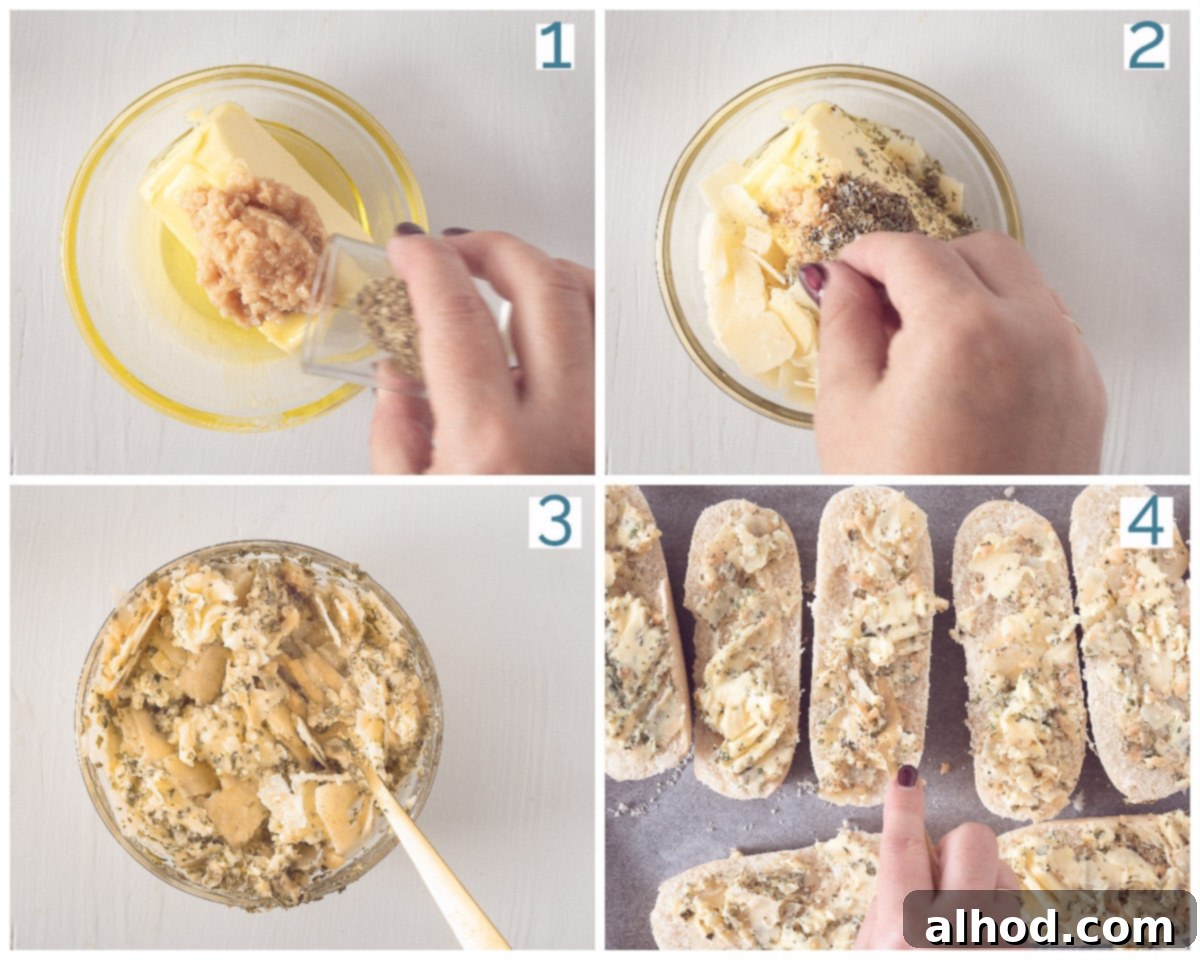 Ultimate Parmesan Garlic Bread 4 Collage of 4 photos showing the preparation process to make Parmesan Garlic Bread at home, from mixing ingredients to spreading butter on buns.