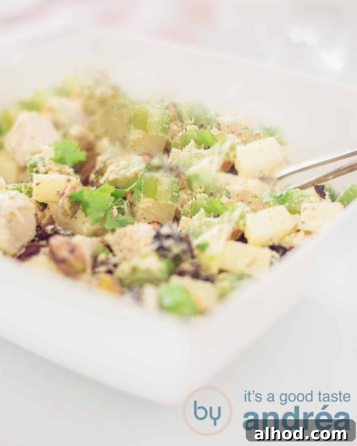 A square dish filled with celery, chicken, walnuts, raisins, apple and a dressing on a white background