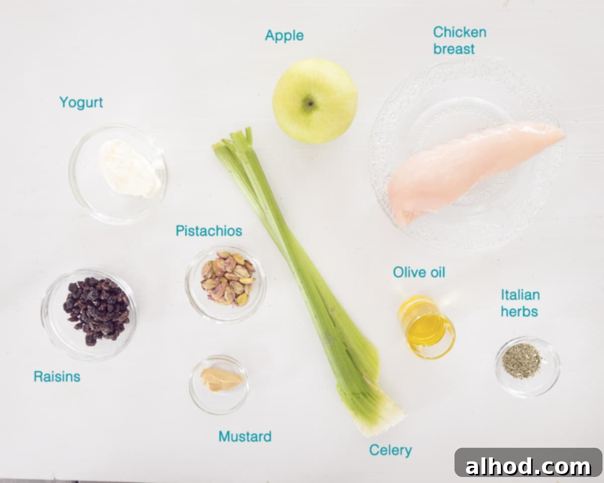 Ingredients Healthier Waldorf Salad Mayo-Free, individually labelled on a white background