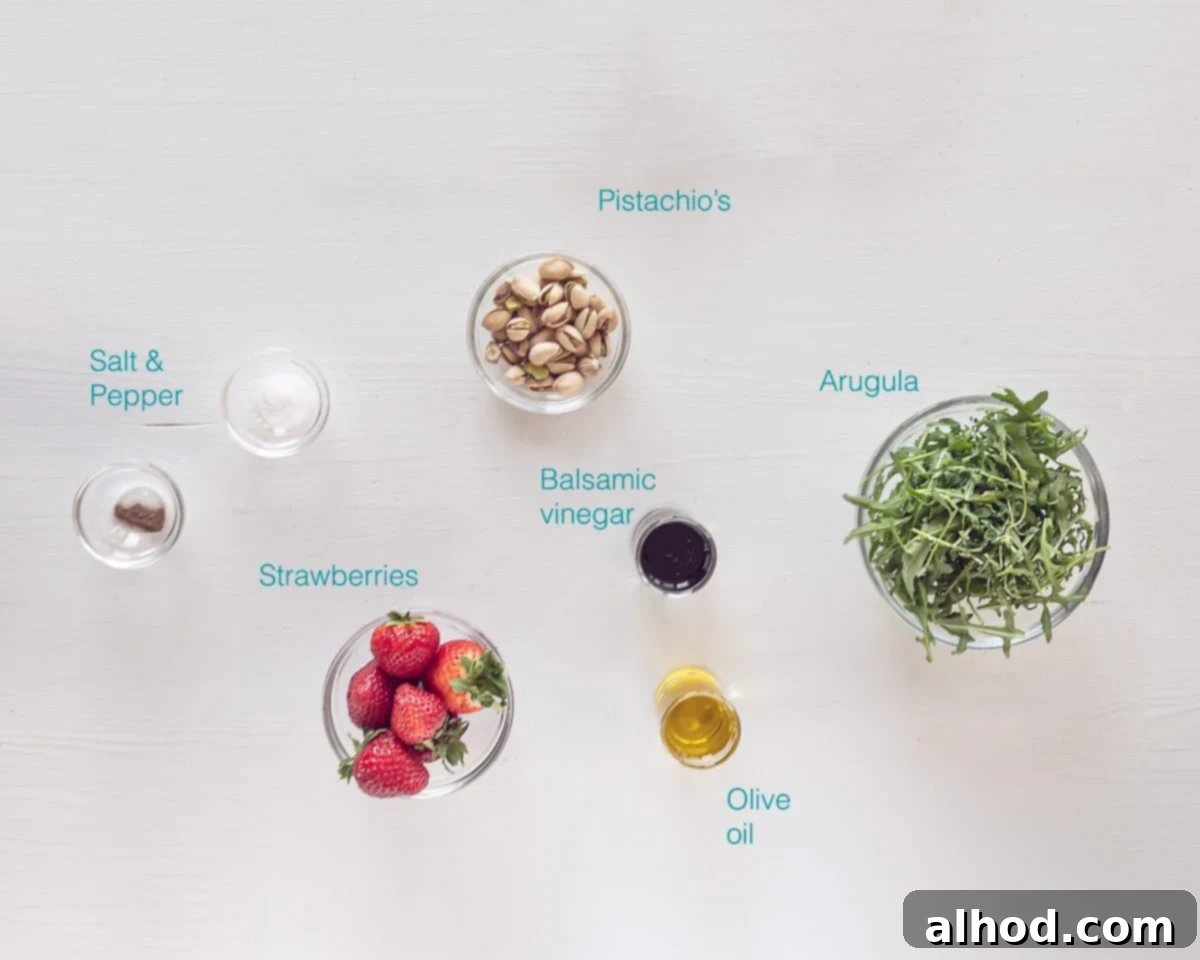 Strawberry Pistachio Salad 3 Ingredients Strawberry salad with balsamic vinegar on a white background with text description