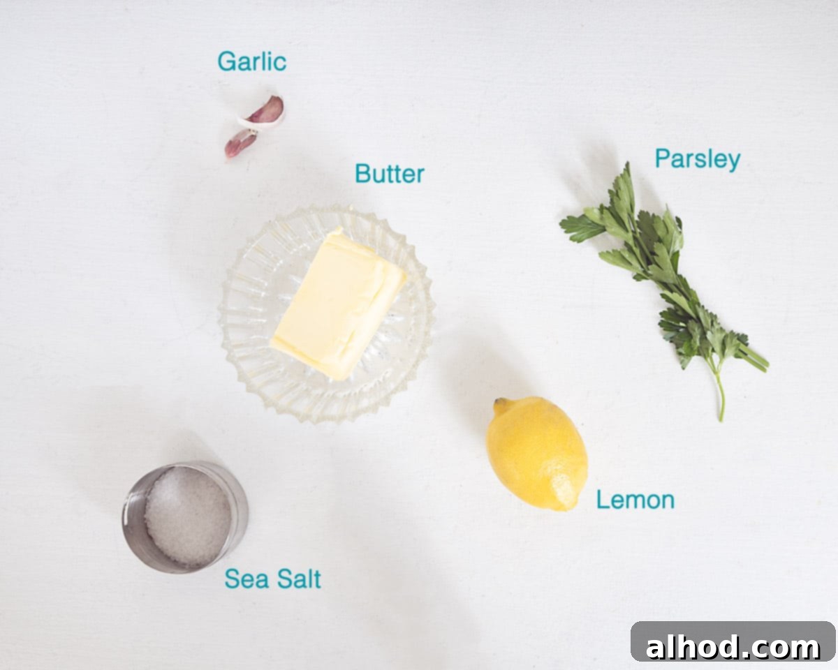 Ingredients Easy Garlic Herb Butter, individually labelled on a white background