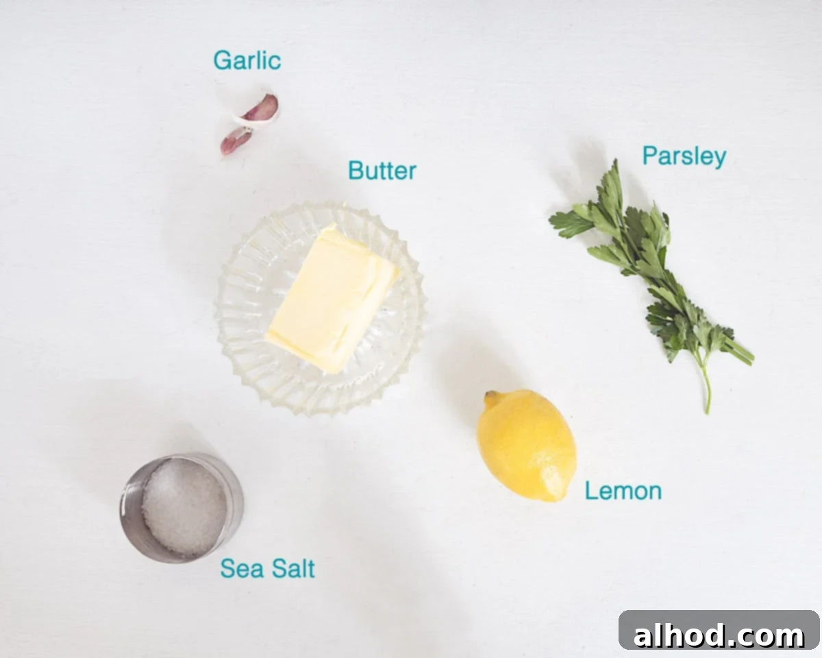 Effortless Garlic Herb Butter 3 Ingredients Easy Garlic Herb Butter, individually labelled on a white background