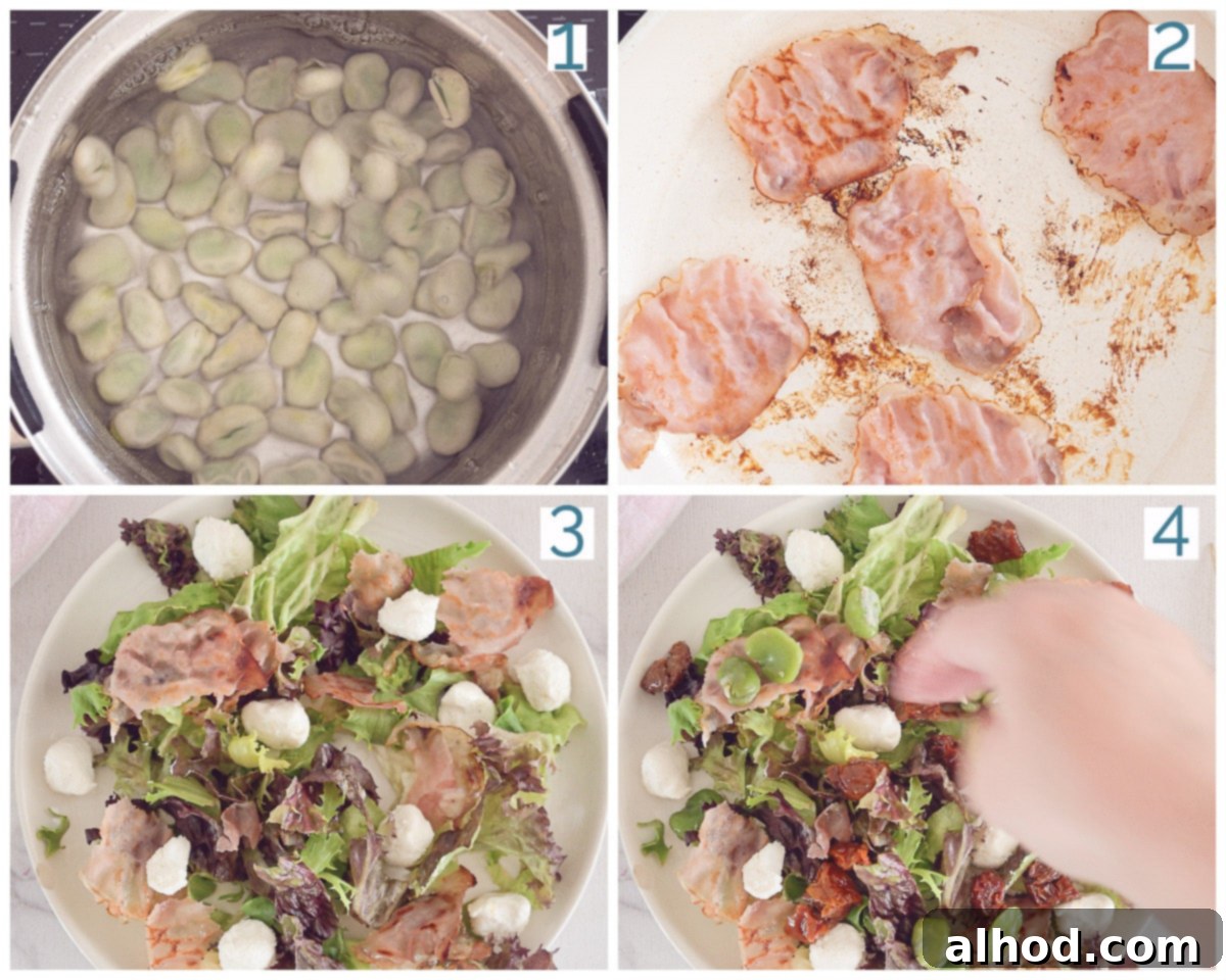 Spring Broad Bean, Bacon, and Goat Cheese Salad 4 A four-panel collage photo illustrating the preparation steps for the Broad Bean, Bacon, and Goat's Cheese Salad. Each panel shows a key stage of the cooking process, from preparing the beans to combining the ingredients, guiding the cook visually.