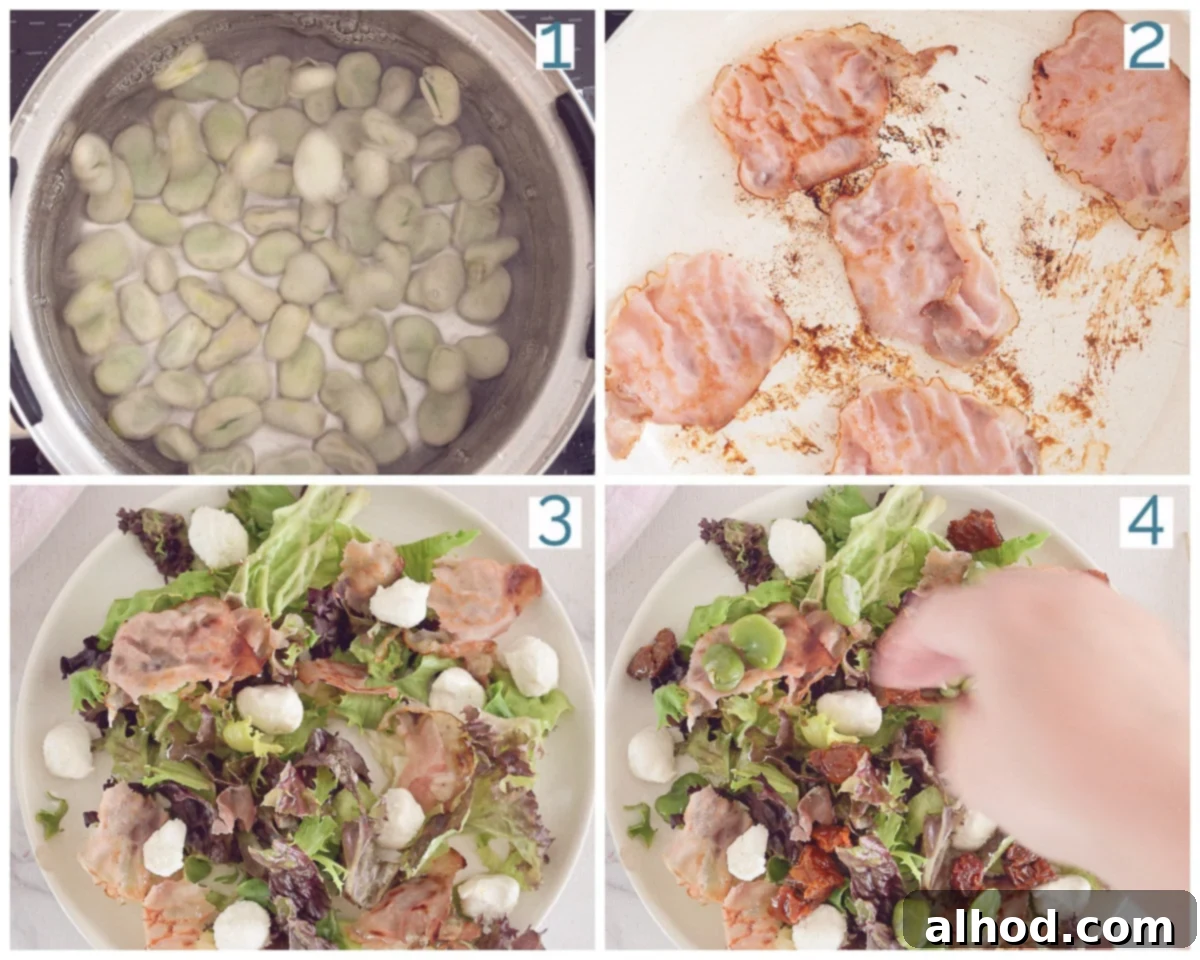 Rustic Broad Bean Salad with Crispy Bacon and Tangy Goat Cheese 4 A four-photo collage showing the step-by-step preparation of the Broad Bean, Bacon, and Goat's Cheese Salad, from cooking the beans to assembling the final dish.