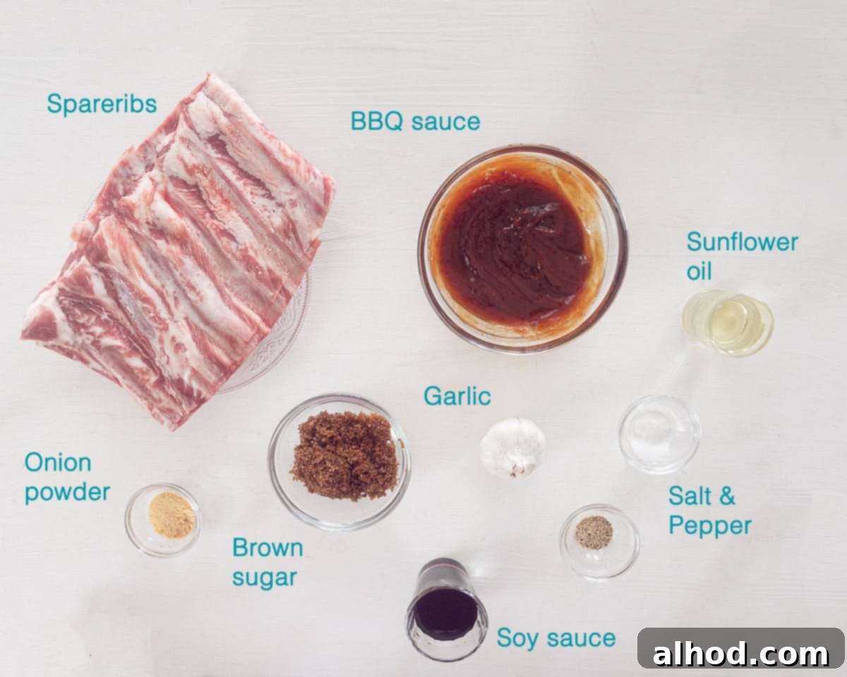 Slow Cooker BBQ Ribs 3 Ingredients Slow Cooker Barbecue Spareribs, individually labelled on a white background