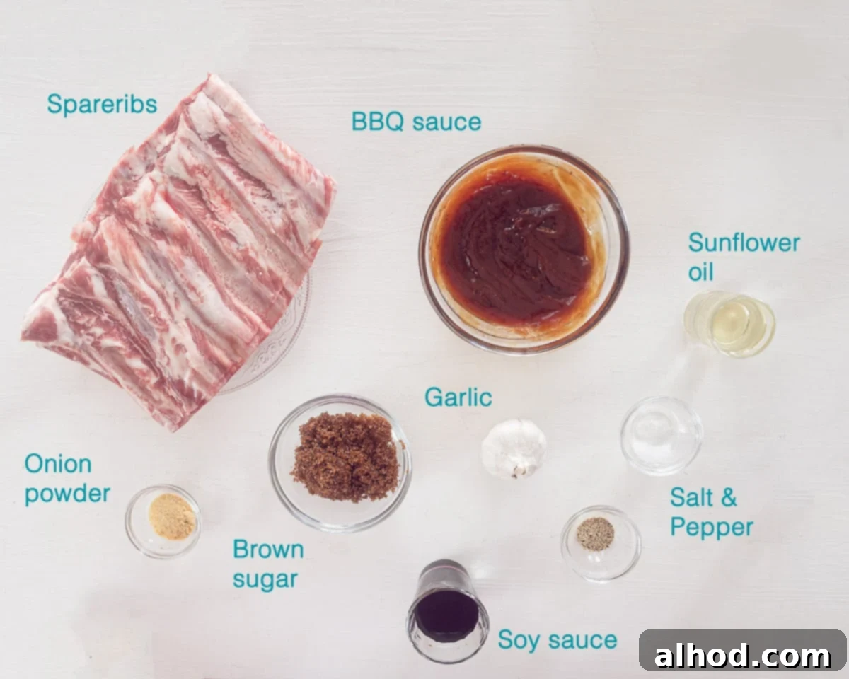 Fall-Off-The-Bone Slow Cooker BBQ Spareribs 3 Ingredients Slow Cooker Barbecue Spareribs, individually labelled on a white background