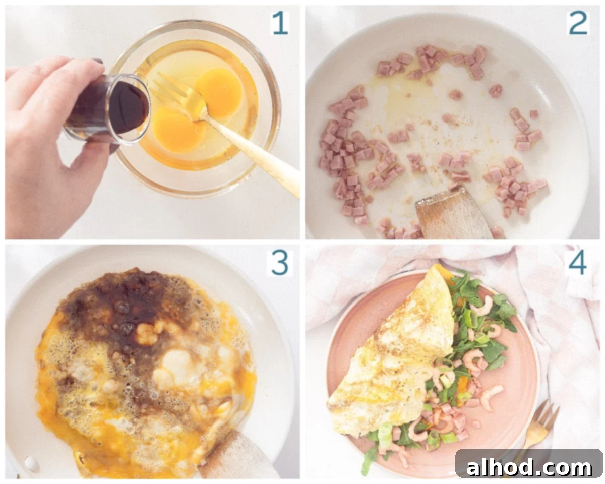 Savory Shrimp Omelette 4 A four-panel collage illustrating the preparation of a shrimp omelette, from whisking eggs and frying ham to assembling the omelette with shrimp and arugula.