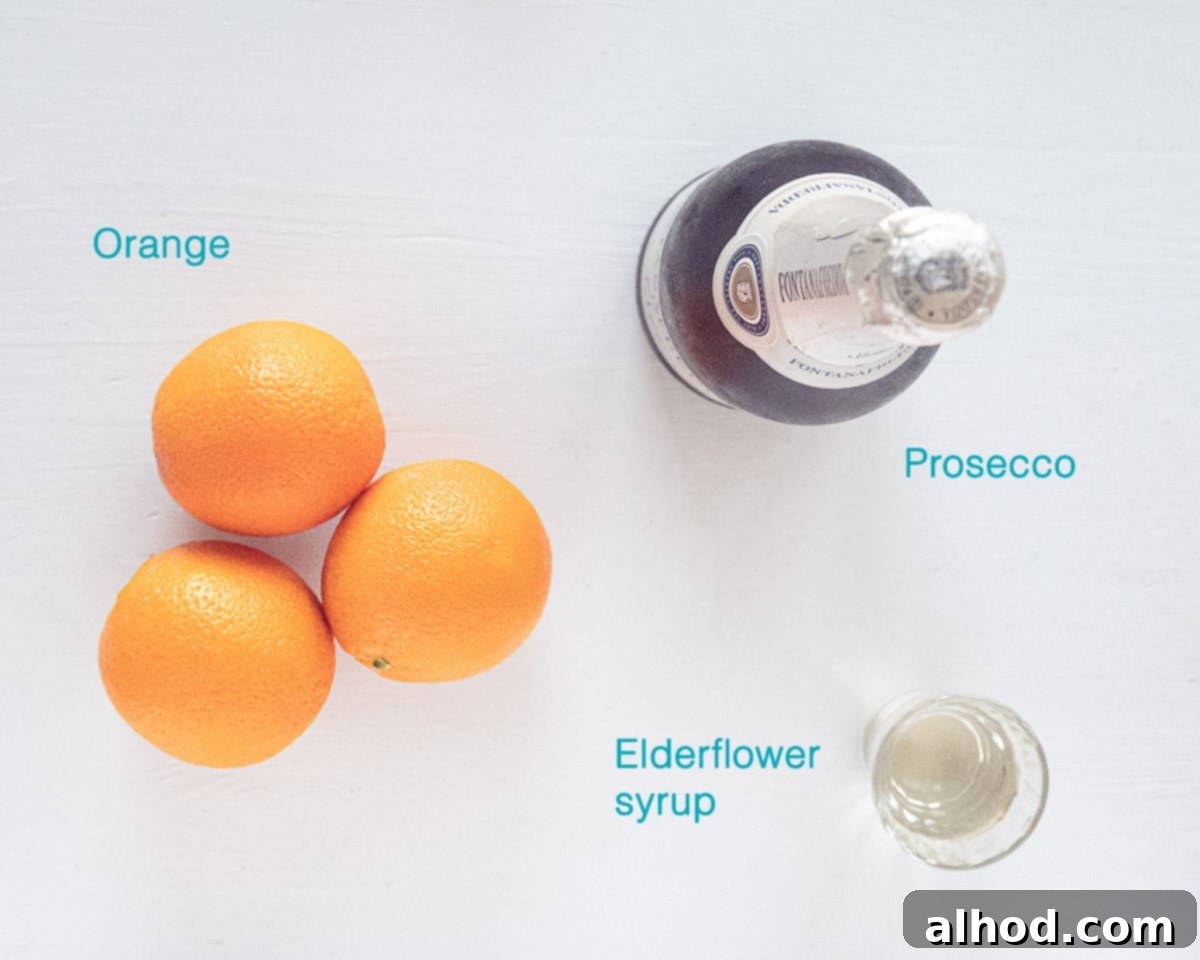 Sunrise Elderflower Sparkler 3 Ingredients Sparkling Orange and Elderflower Cocktail, individually labelled on a white background